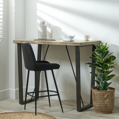 Modern Scandi Sand-Wash Acacia Wood Bar Table With Black Metal Legs – Textured Wooden Breakfast Bar And Tall Dining Table 107x120x75cm Alt | Click Style