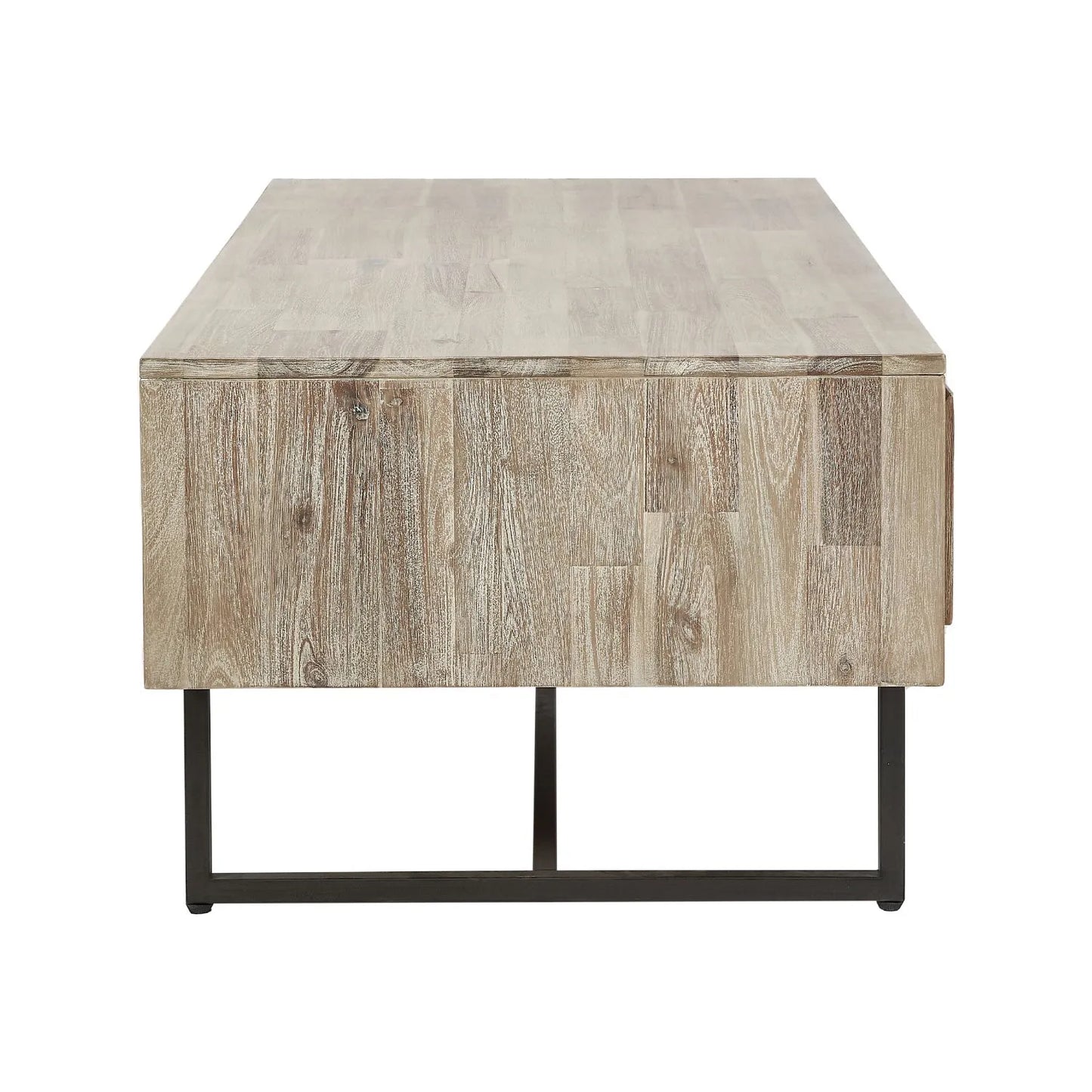 Modern Scandi Sand-Wash Acacia Wood Coffee Table with Black Metal Legs – Textured Wooden Storage Coffee Table with Drawer & Shelf 45.5x120x60cm | Click Style