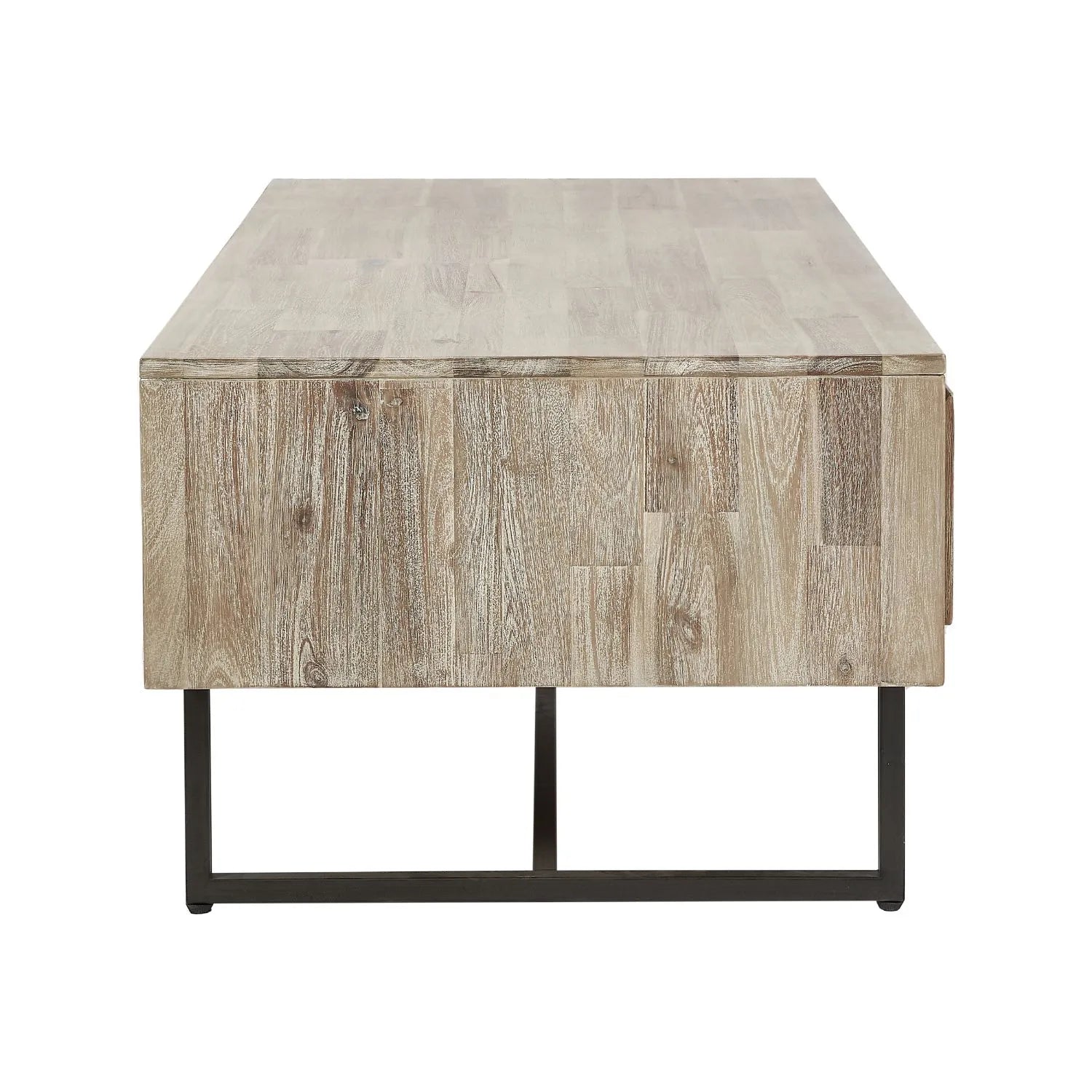 Modern Scandi Sand-Wash Acacia Wood Coffee Table with Black Metal Legs – Textured Wooden Storage Coffee Table with Drawer & Shelf 45.5x120x60cm | Click Style