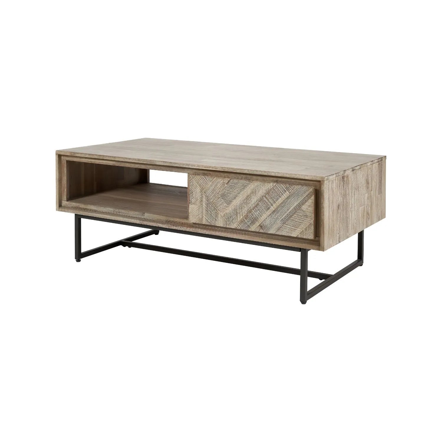 Modern Scandi Sand-Wash Acacia Wood Coffee Table with Black Metal Legs – Textured Wooden Storage Coffee Table with Drawer & Shelf 45.5x120x60cm | Click Style