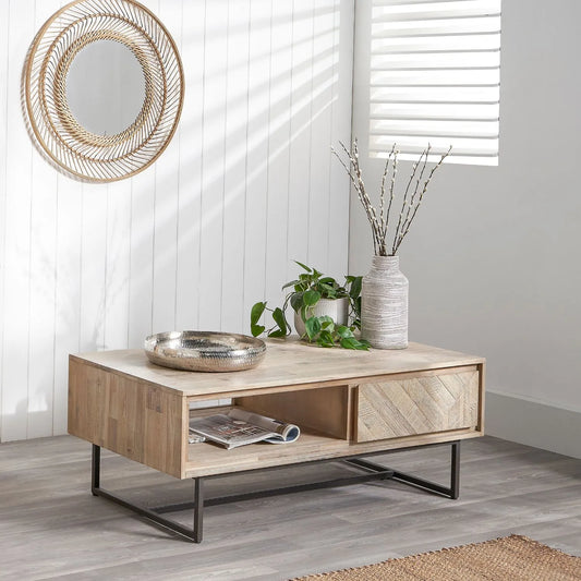 Modern Scandi Sand-Wash Acacia Wood Coffee Table with Black Metal Legs – Textured Wooden Storage Coffee Table with Drawer & Shelf 45.5x120x60cm | Click Style