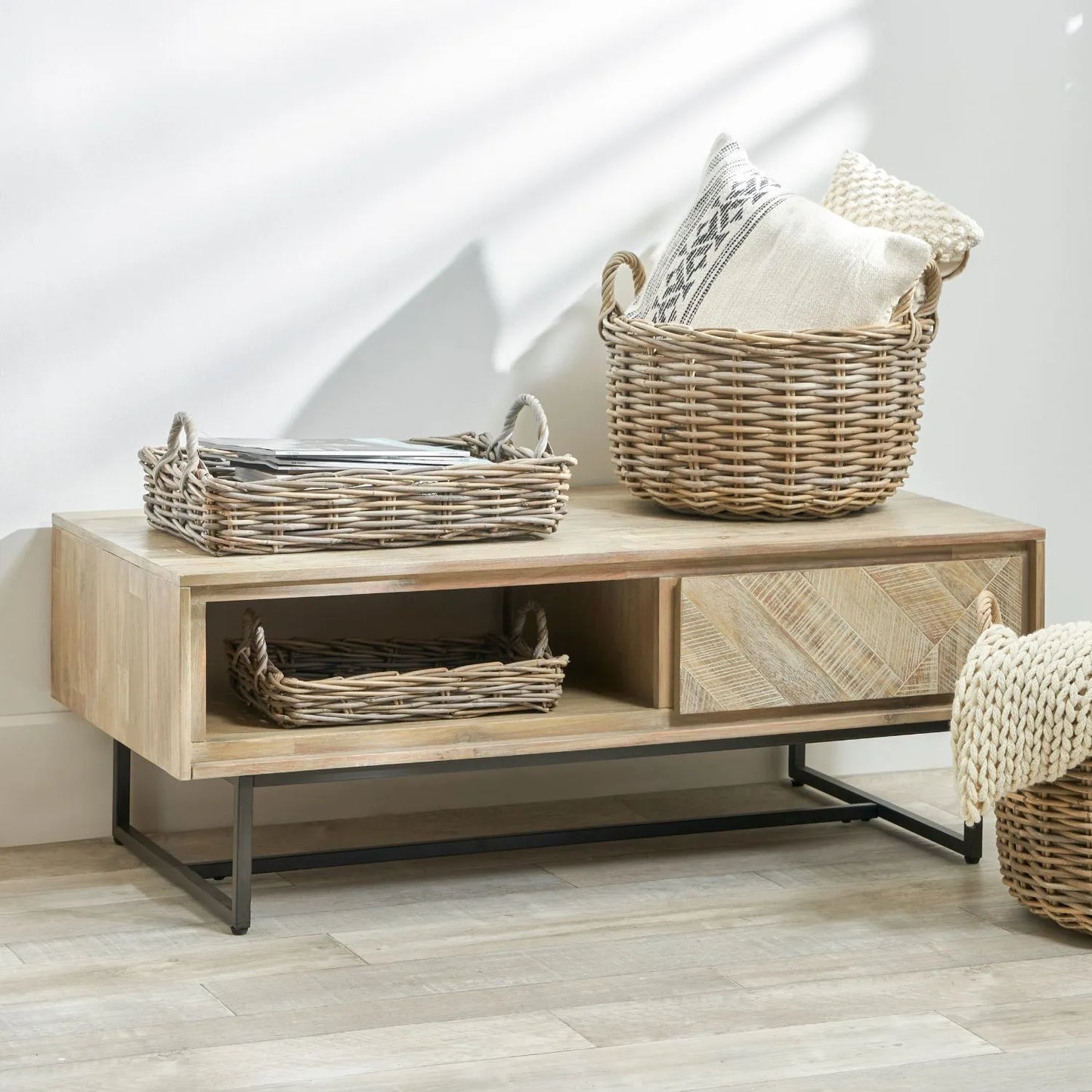 Modern Scandi Sand-Wash Acacia Wood Coffee Table with Black Metal Legs – Textured Wooden Storage Coffee Table with Drawer & Shelf 45.5x120x60cm | Click Style