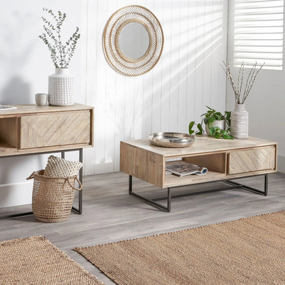 Modern Scandi Sand-Wash Acacia Wood Coffee Table with Black Metal Legs – Textured Wooden Storage Coffee Table with Drawer & Shelf 45.5x120x60cm | Click Style