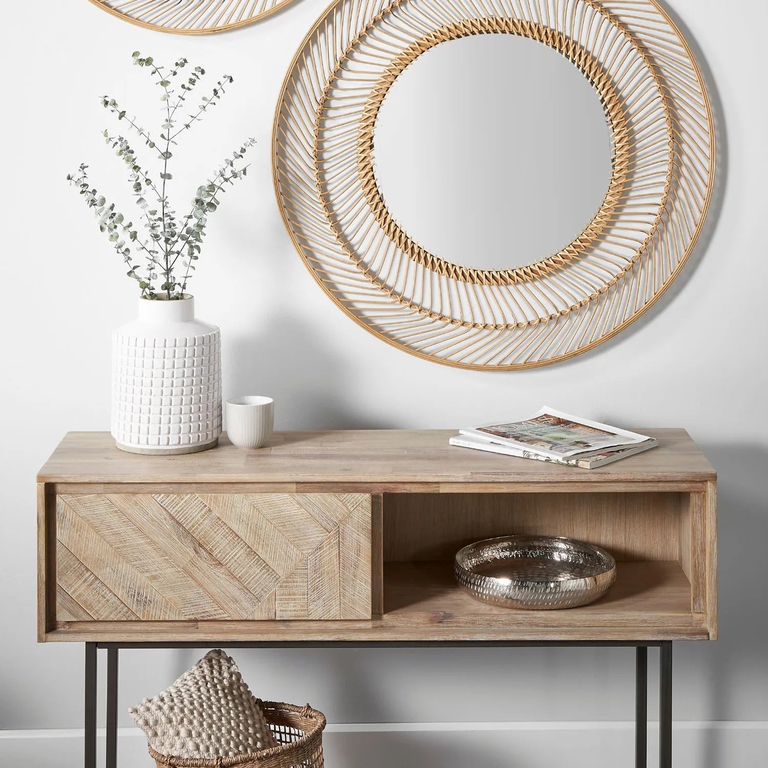 Modern Scandi Sand-Wash Acacia Wood Console Table With Black Metal Legs Drawer Shelf Textured Wooden Hallway Console Table With Wall Strap 80x120x35cm | Click Style