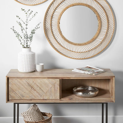 Modern Scandi Sand-Wash Acacia Wood Console Table With Black Metal Legs Drawer Shelf Textured Wooden Hallway Console Table With Wall Strap 80x120x35cm | Click Style