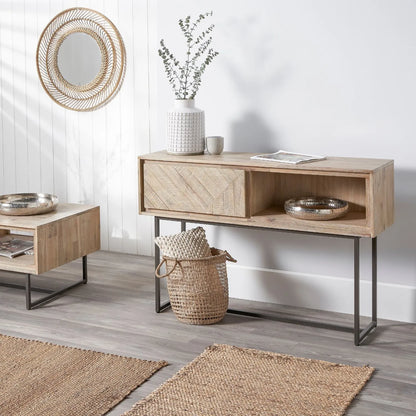 Modern Scandi Sand-Wash Acacia Wood Console Table With Black Metal Legs Drawer Shelf Textured Wooden Hallway Console Table With Wall Strap 80x120x35cm | Click Style