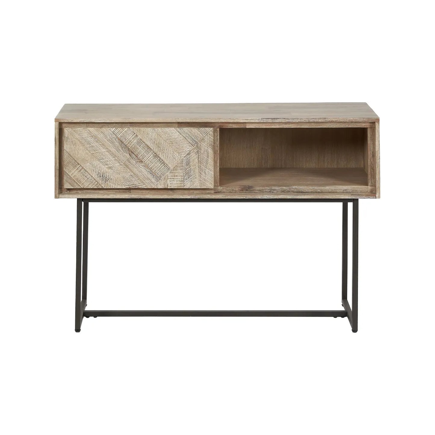 Modern Scandi Sand-Wash Acacia Wood Console Table With Black Metal Legs Drawer Shelf Textured Wooden Hallway Console Table With Wall Strap 80x120x35cm | Click Style