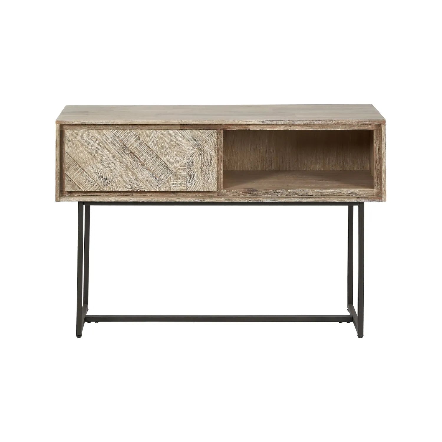 Modern Scandi Sand-Wash Acacia Wood Console Table With Black Metal Legs Drawer Shelf Textured Wooden Hallway Console Table With Wall Strap 80x120x35cm | Click Style