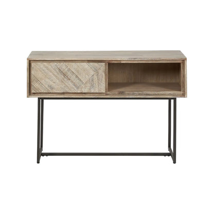 Modern Scandi Sand-Wash Acacia Wood Console Table With Black Metal Legs Drawer Shelf Textured Wooden Hallway Console Table With Wall Strap 80x120x35cm | Click Style