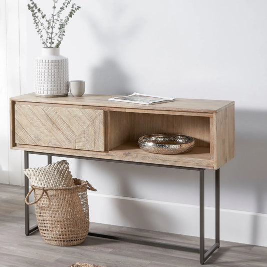 Modern Scandi Sand-Wash Acacia Wood Console Table With Black Metal Legs Drawer Shelf Textured Wooden Hallway Console Table With Wall Strap 80x120x35cm | Click Style