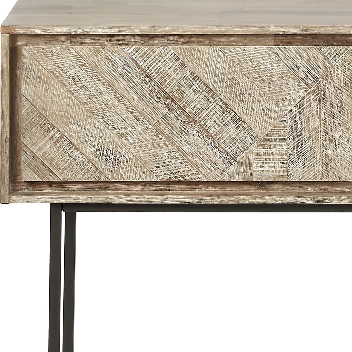 Modern Scandi Sand-Wash Acacia Wood Console Table With Black Metal Legs Drawer Shelf Textured Wooden Hallway Console Table With Wall Strap 80x120x35cm | Click Style