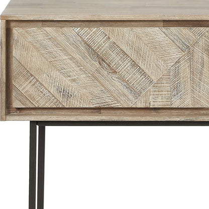 Modern Scandi Sand-Wash Acacia Wood Console Table With Black Metal Legs Drawer Shelf Textured Wooden Hallway Console Table With Wall Strap 80x120x35cm | Click Style