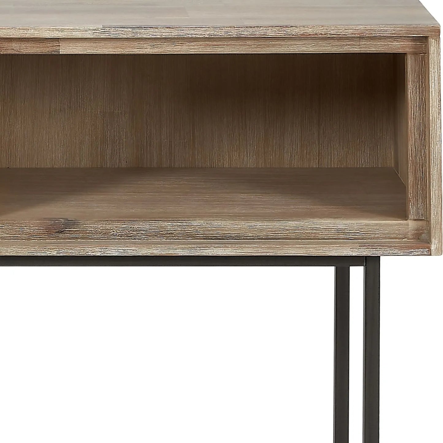 Modern Scandi Sand-Wash Acacia Wood Console Table With Black Metal Legs Drawer Shelf Textured Wooden Hallway Console Table With Wall Strap 80x120x35cm | Click Style