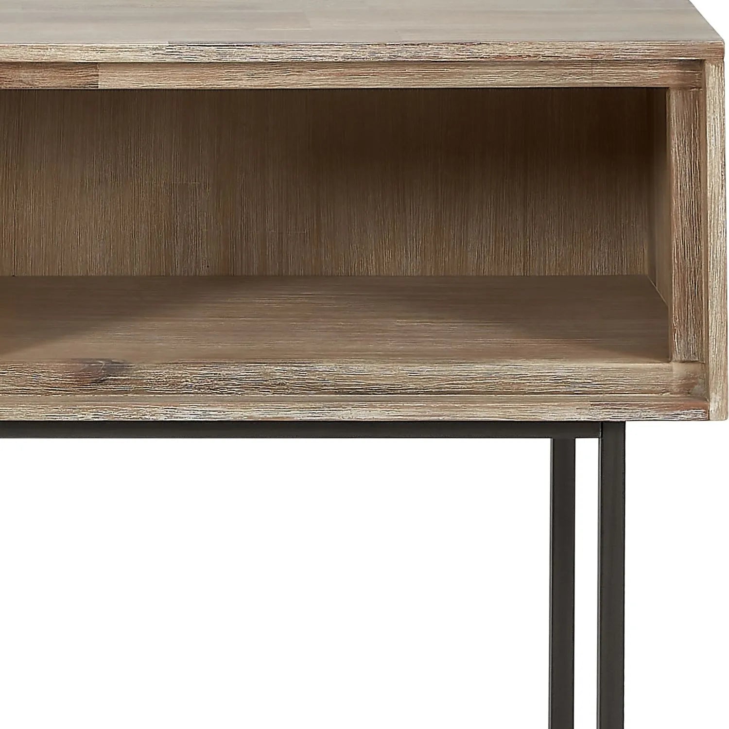 Modern Scandi Sand-Wash Acacia Wood Console Table With Black Metal Legs Drawer Shelf Textured Wooden Hallway Console Table With Wall Strap 80x120x35cm | Click Style