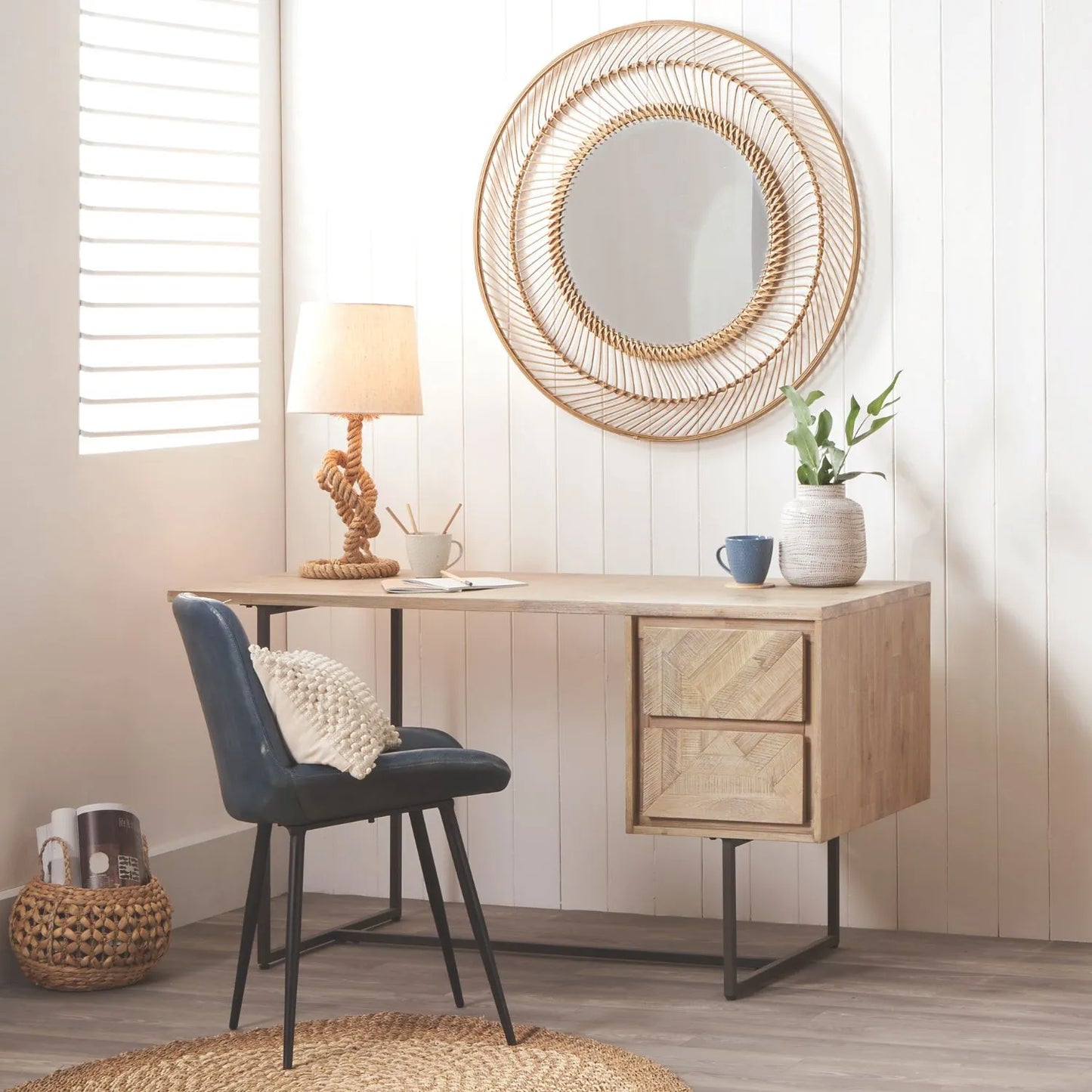 Modern Scandi Sand-Wash Acacia Wood Desk With Black Metal Legs – Textured 2-Drawer Wooden Office Desk With Storage 75x140x60cm | Click Style