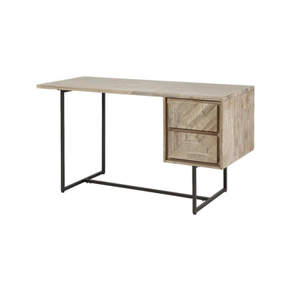 Modern Scandi Sand-Wash Acacia Wood Desk With Black Metal Legs – Textured 2-Drawer Wooden Office Desk With Storage 75x140x60cm | Click Style