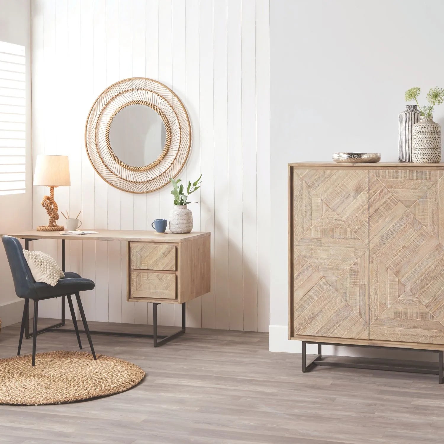 Modern Scandi Sand-Wash Acacia Wood Desk With Black Metal Legs – Textured 2-Drawer Wooden Office Desk With Storage 75x140x60cm | Click Style