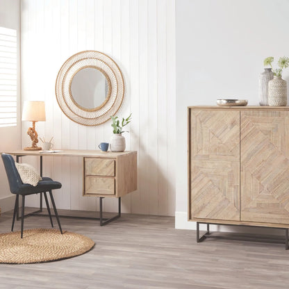 Modern Scandi Sand-Wash Acacia Wood Desk With Black Metal Legs – Textured 2-Drawer Wooden Office Desk With Storage 75x140x60cm | Click Style