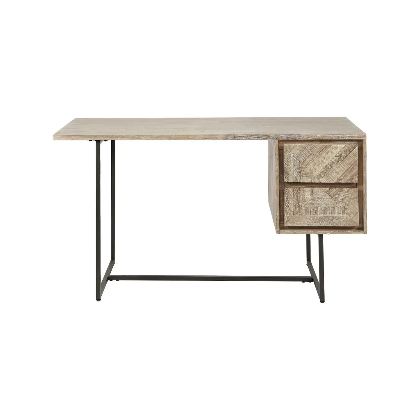 Modern Scandi Sand-Wash Acacia Wood Desk With Black Metal Legs – Textured 2-Drawer Wooden Office Desk With Storage 75x140x60cm | Click Style