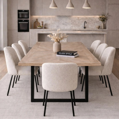 Modern Scandi Sand-Wash Acacia Wood Dining Table With Black Metal Legs Large Textured 8-Seater Wooden Dining Table 220x100x76cm | Click Style