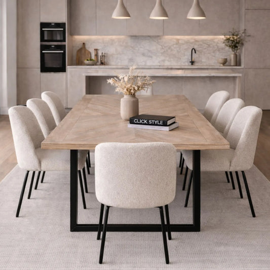 Modern Scandi Sand-Wash Acacia Wood Dining Table With Black Metal Legs Large Textured 8-Seater Wooden Dining Table 220x100x76cm | Click Style