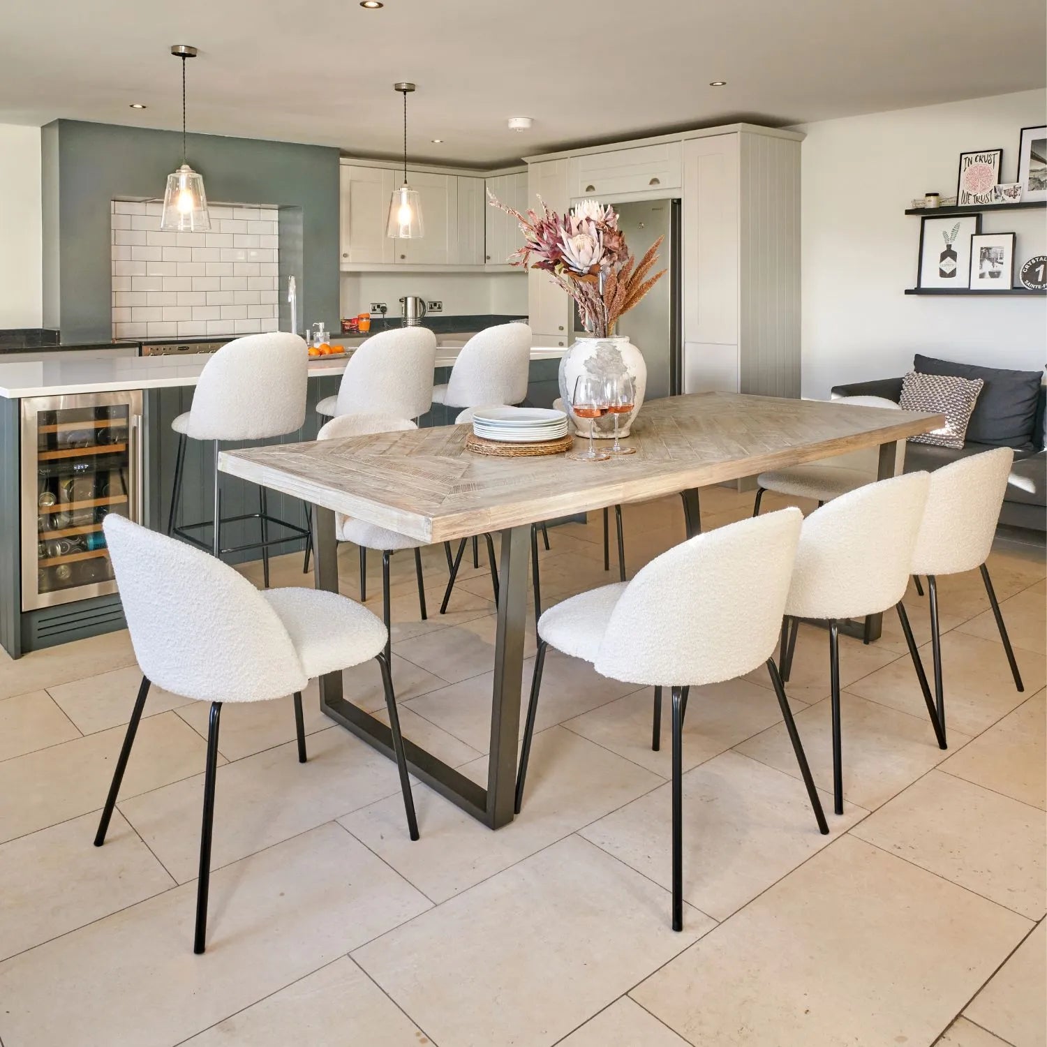 Modern Scandi Sand-Wash Acacia Wood Dining Table With Black Metal Legs Large Textured 8-Seater Wooden Dining Table 220x100x76cm | Click Style