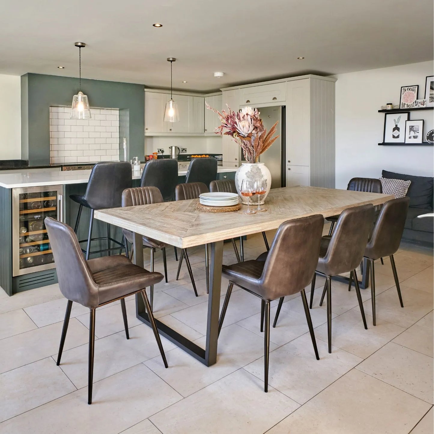 Modern Scandi Sand-Wash Acacia Wood Dining Table With Black Metal Legs Large Textured 8-Seater Wooden Dining Table 220x100x76cm | Click Style