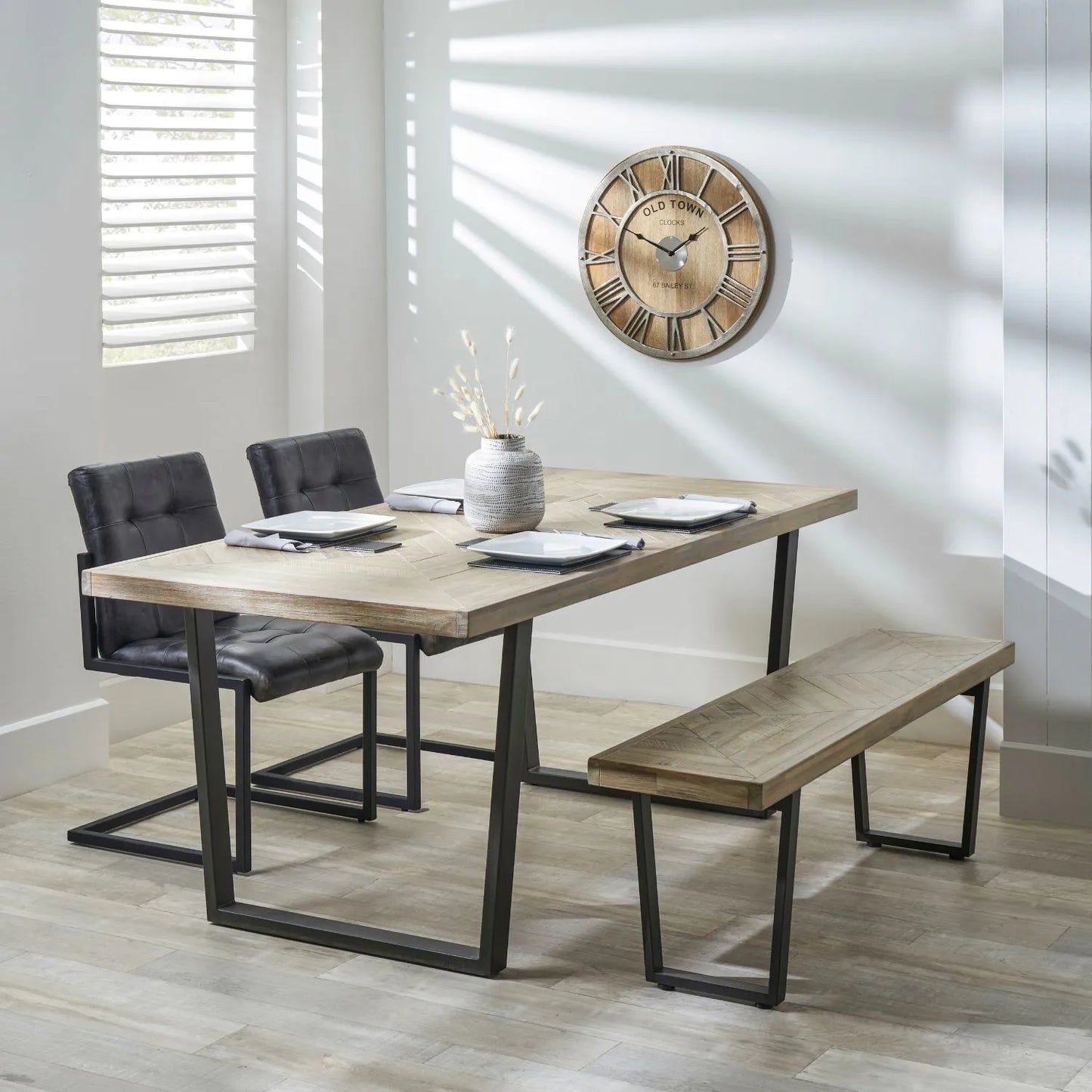 Modern Scandi Sand-Wash Acacia Wood Dining Table With Black Metal Legs – Textured 6-Seater Wooden Dining Table 180x90x76cm | Click Style