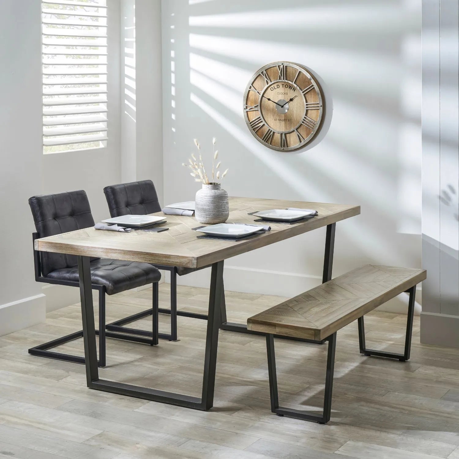 Modern Scandi Sand-Wash Acacia Wood Dining Table With Black Metal Legs – Textured 6-Seater Wooden Dining Table 180x90x76cm | Click Style