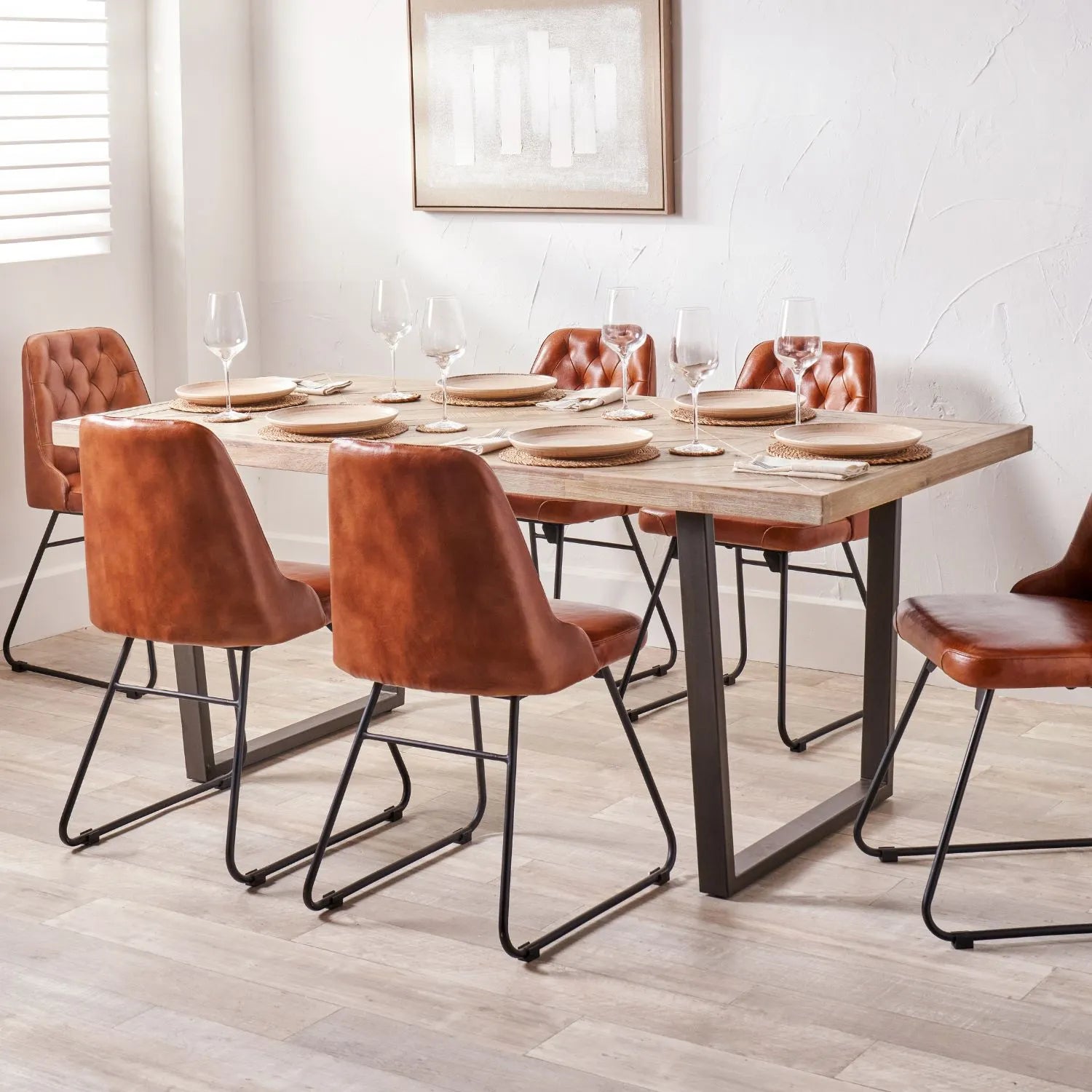 Modern Scandi Sand-Wash Acacia Wood Dining Table With Black Metal Legs – Textured 6-Seater Wooden Dining Table 180x90x76cm | Click Style