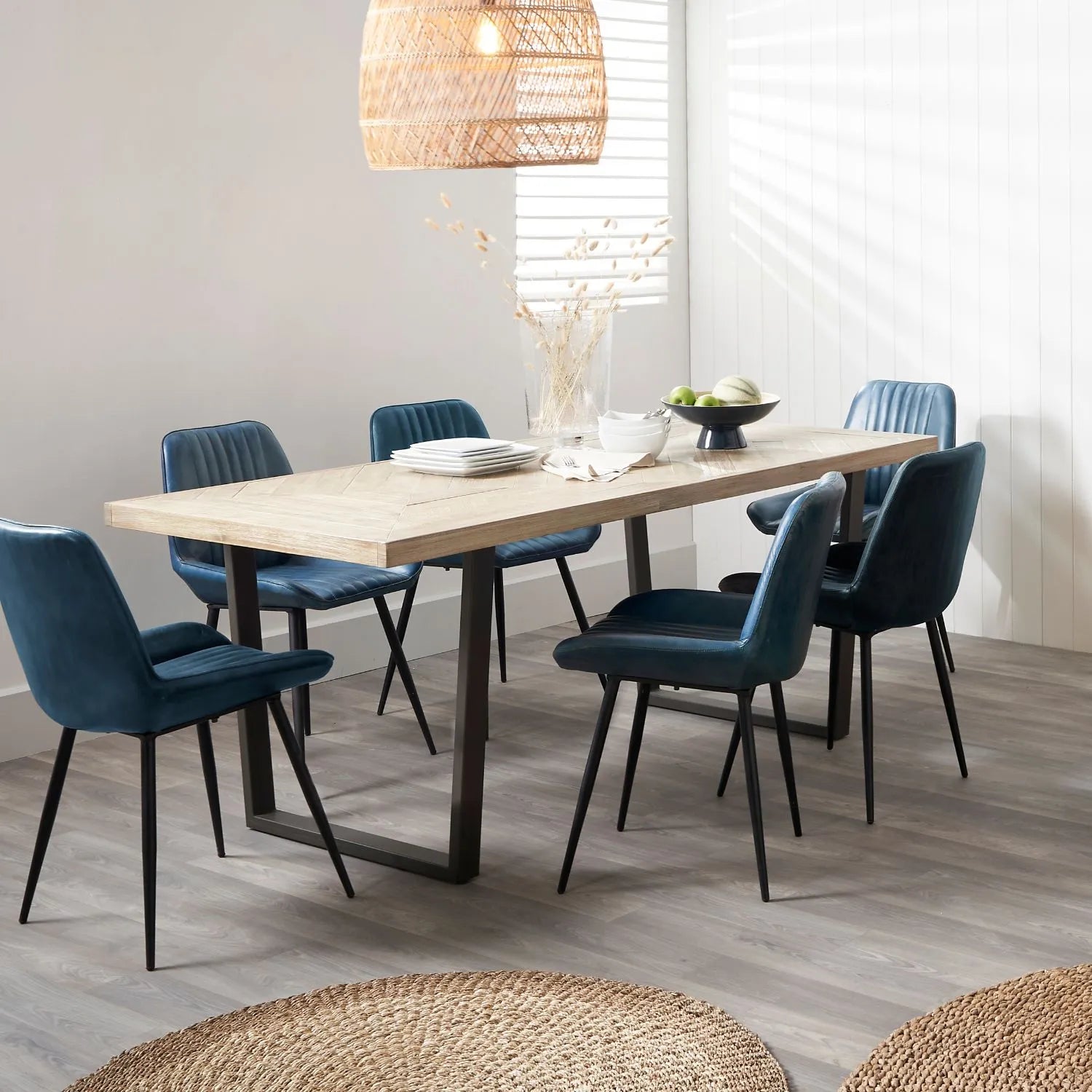 Modern Scandi Sand-Wash Acacia Wood Dining Table With Black Metal Legs – Textured 6-Seater Wooden Dining Table 180x90x76cm | Click Style