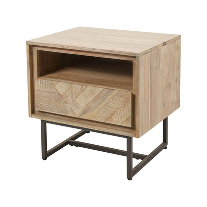 Modern Scandi Sand-Wash Acacia Wood Side Table With Black Metal Legs – Textured Wooden Bedside Nightstand With 1 Drawer & Shelf 55x55x45cm | Click Style