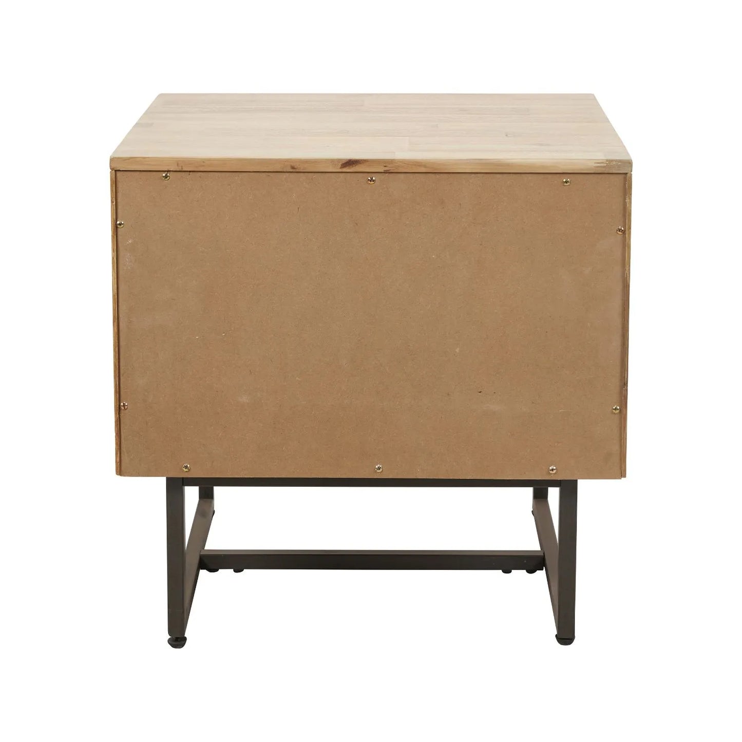 Modern Scandi Sand-Wash Acacia Wood Side Table With Black Metal Legs – Textured Wooden Bedside Nightstand With 1 Drawer & Shelf 55x55x45cm | Click Style