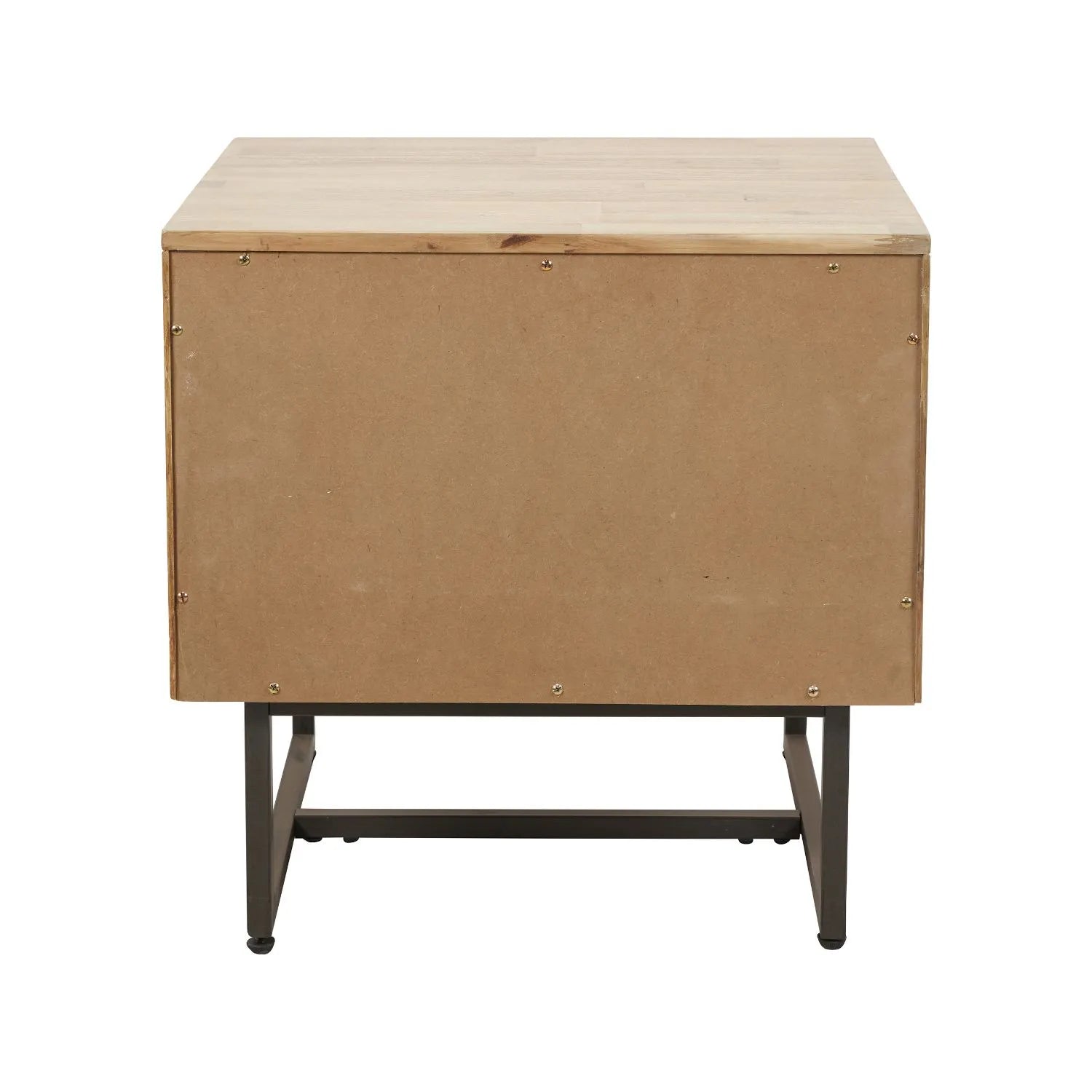 Modern Scandi Sand-Wash Acacia Wood Side Table With Black Metal Legs – Textured Wooden Bedside Nightstand With 1 Drawer & Shelf 55x55x45cm | Click Style