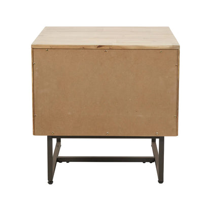 Modern Scandi Sand-Wash Acacia Wood Side Table With Black Metal Legs – Textured Wooden Bedside Nightstand With 1 Drawer & Shelf 55x55x45cm | Click Style