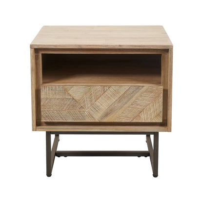 Modern Scandi Sand-Wash Acacia Wood Side Table With Black Metal Legs – Textured Wooden Bedside Nightstand With 1 Drawer & Shelf 55x55x45cm | Click Style