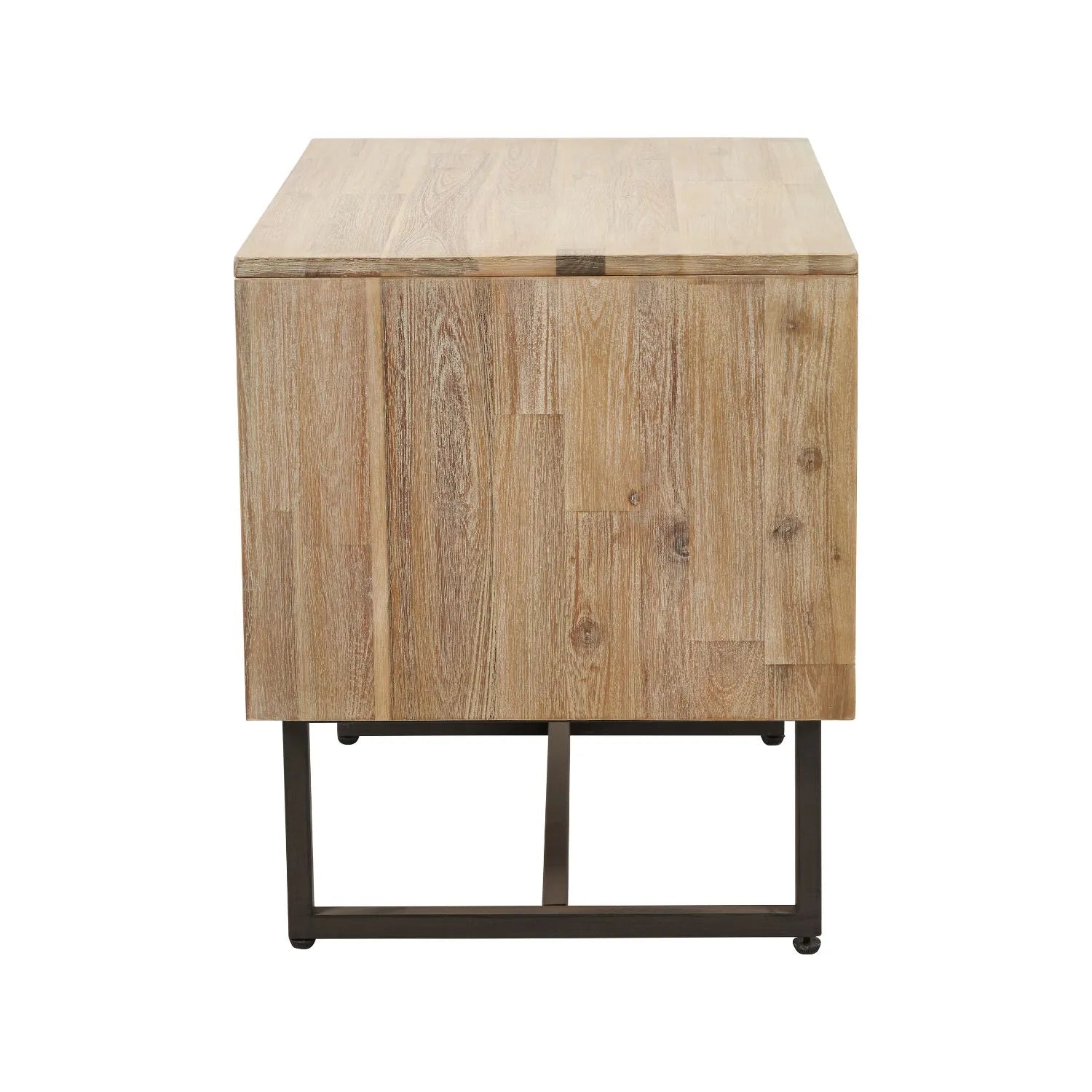 Modern Scandi Sand-Wash Acacia Wood Side Table With Black Metal Legs – Textured Wooden Bedside Nightstand With 1 Drawer & Shelf 55x55x45cm | Click Style