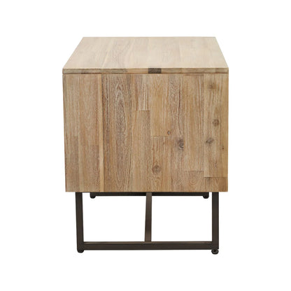 Modern Scandi Sand-Wash Acacia Wood Side Table With Black Metal Legs – Textured Wooden Bedside Nightstand With 1 Drawer & Shelf 55x55x45cm | Click Style