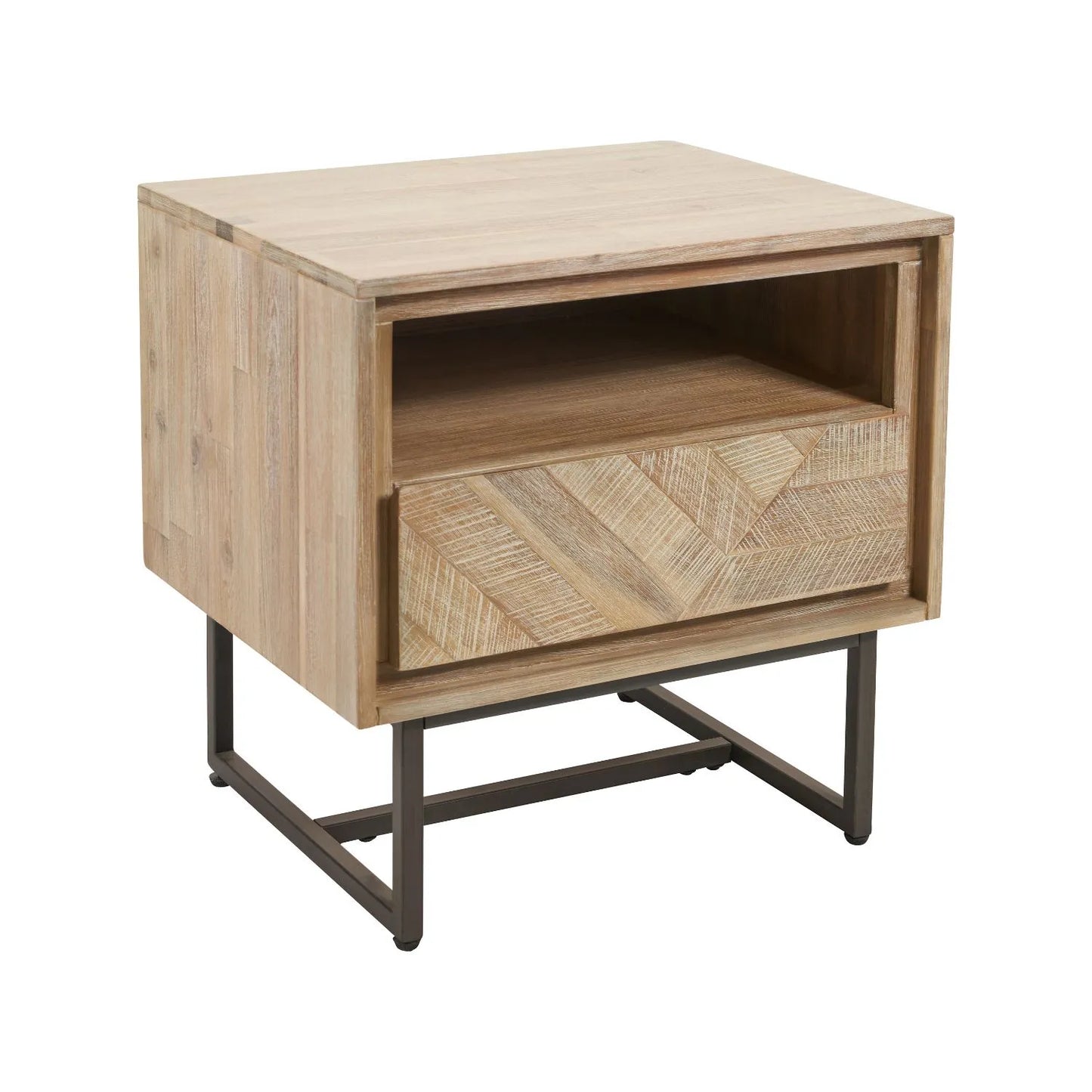 Modern Scandi Sand-Wash Acacia Wood Side Table With Black Metal Legs – Textured Wooden Bedside Nightstand With 1 Drawer & Shelf 55x55x45cm | Click Style