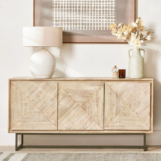 Modern Scandi Sand-Wash Acacia Wood Sideboard With Black Metal Legs – Textured 3-Door Storage Cabinet With Internal Shelves 80x160x45cm | Click Style