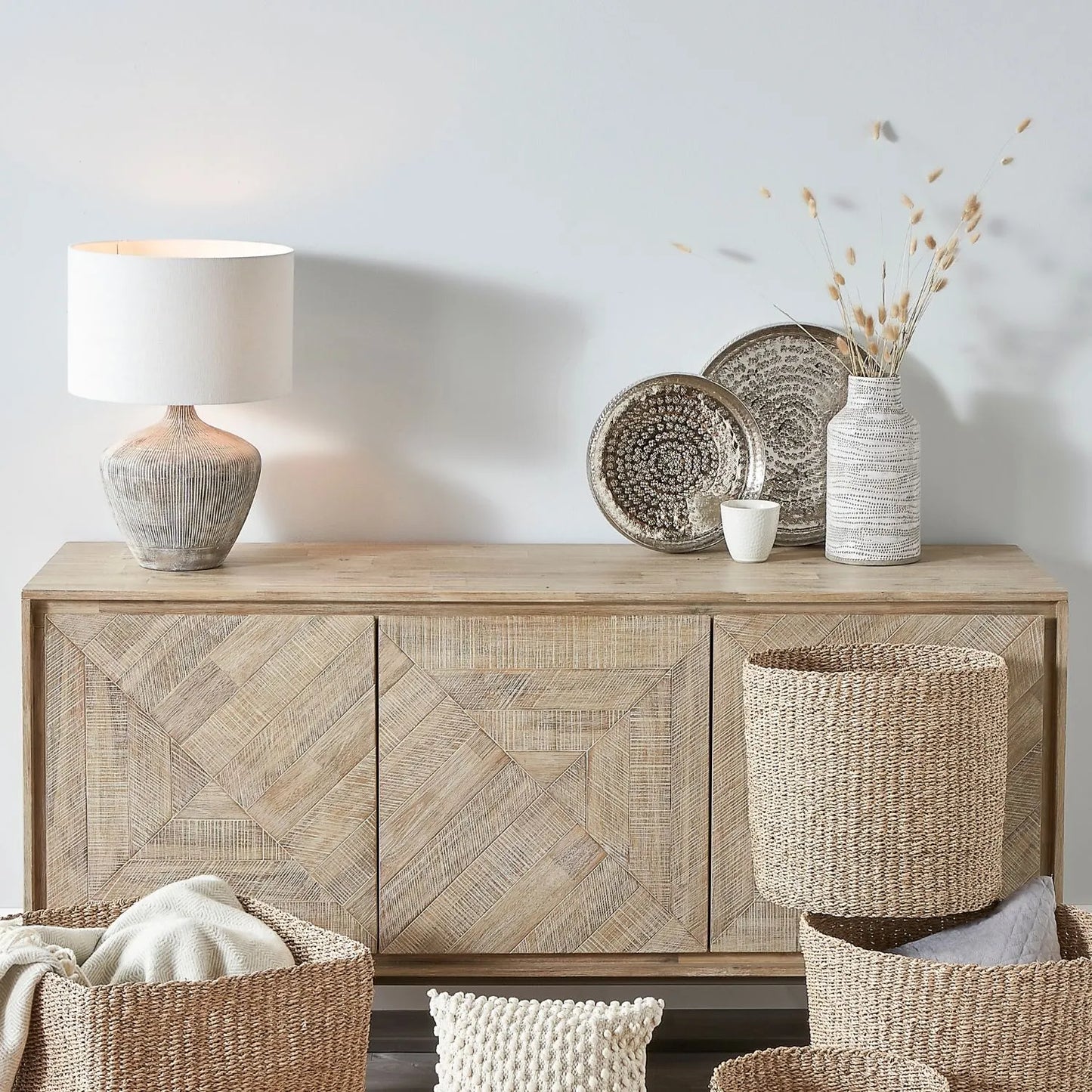 Modern Scandi Sand-Wash Acacia Wood Sideboard With Black Metal Legs – Textured 3-Door Storage Cabinet With Internal Shelves 80x160x45cm | Click Style