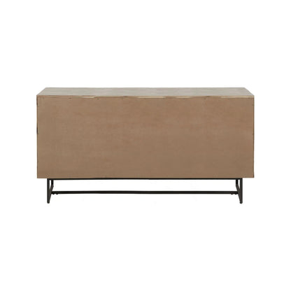 Modern Scandi Sand-Wash Acacia Wood Sideboard With Black Metal Legs – Textured 3-Door Storage Cabinet With Internal Shelves Back 80x160x45cm | Click Style