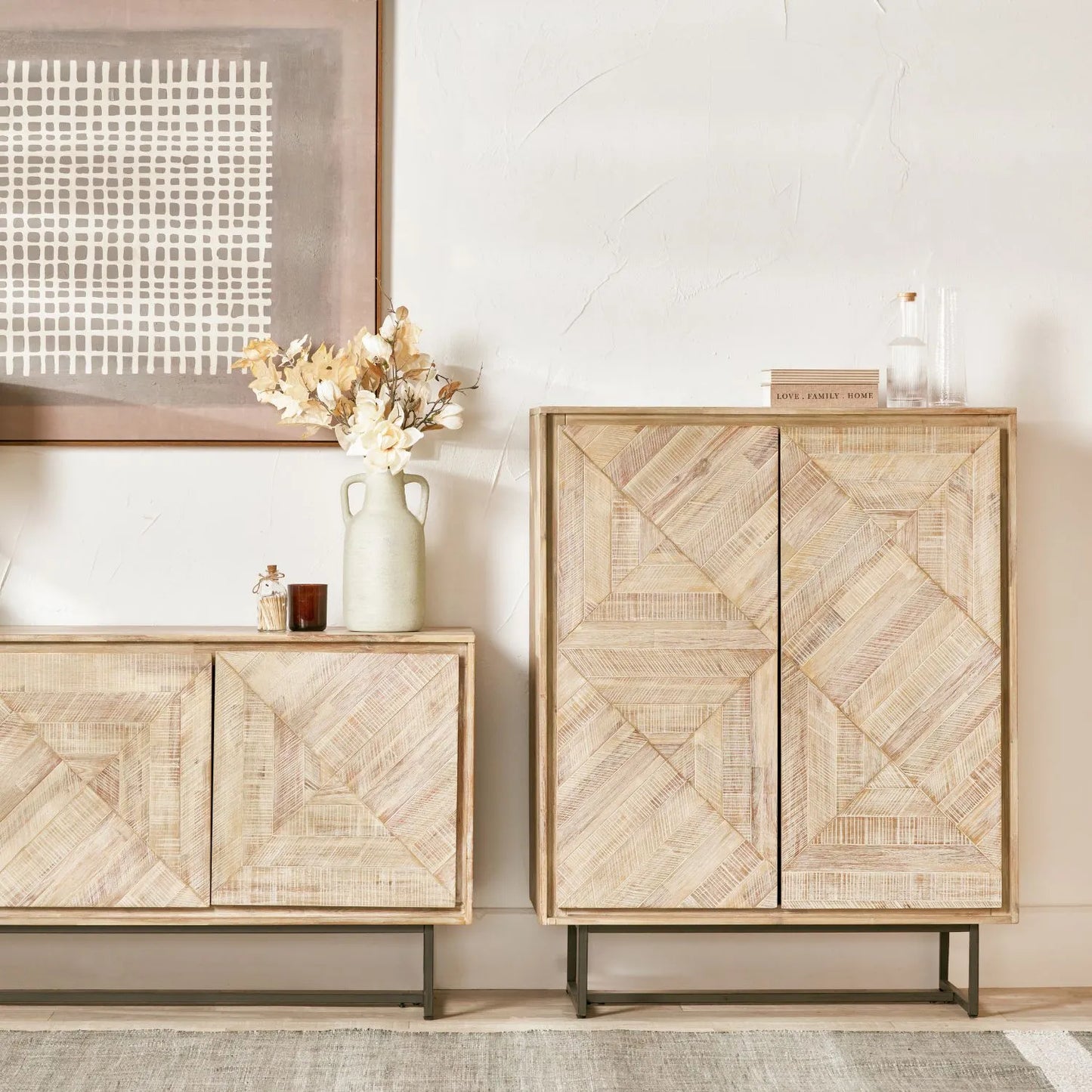 Modern Scandi Sand-Wash Acacia Wood Sideboard With Black Metal Legs – Textured 3-Door Storage Cabinet With Internal Shelves 80x160x45cm | Click Style