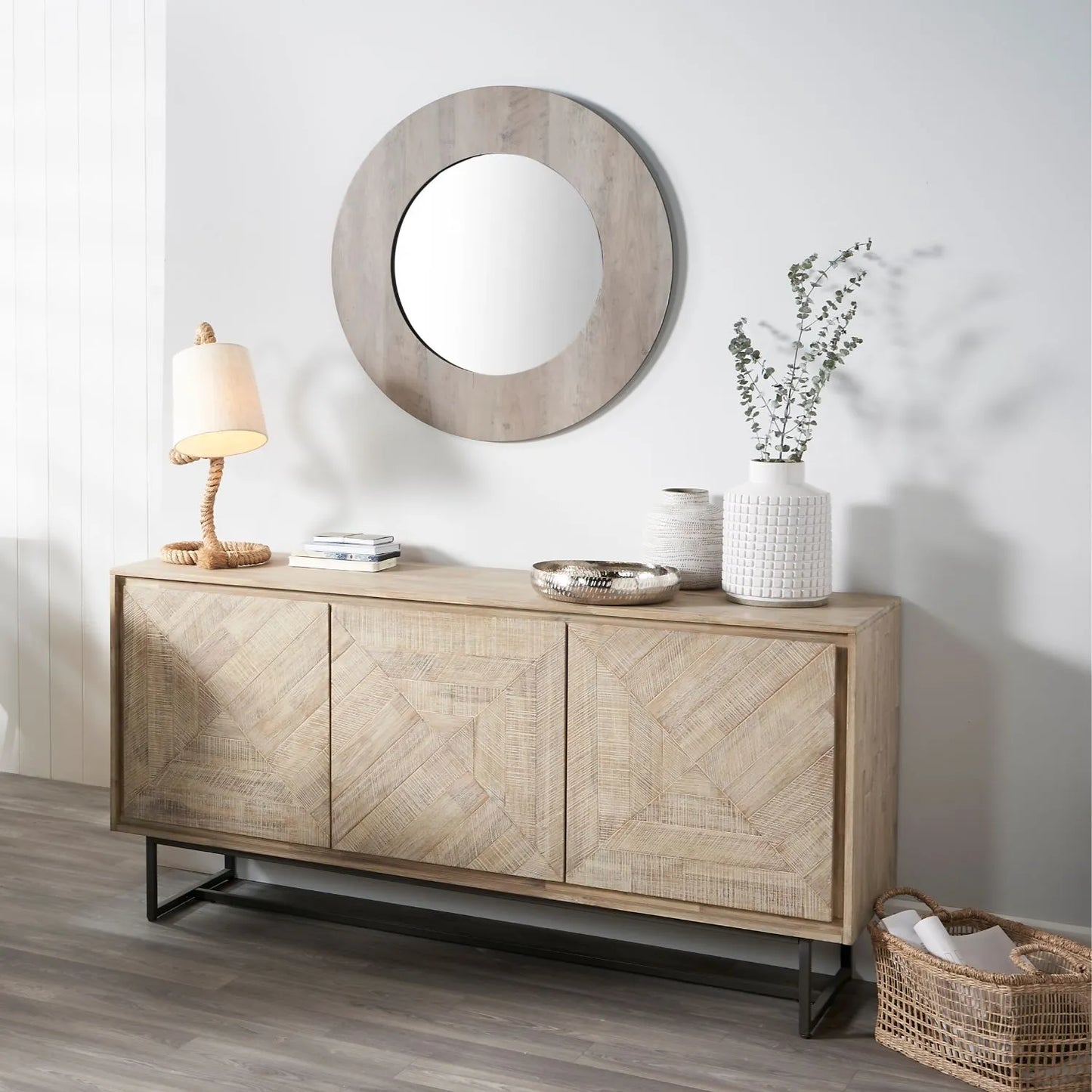 Modern Scandi Sand-Wash Acacia Wood Sideboard With Black Metal Legs – Textured 3-Door Storage Cabinet With Internal Shelves 80x160x45cm | Click Style