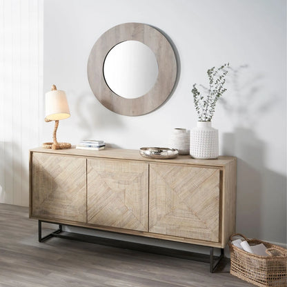 Modern Scandi Sand-Wash Acacia Wood Sideboard With Black Metal Legs – Textured 3-Door Storage Cabinet With Internal Shelves 80x160x45cm | Click Style