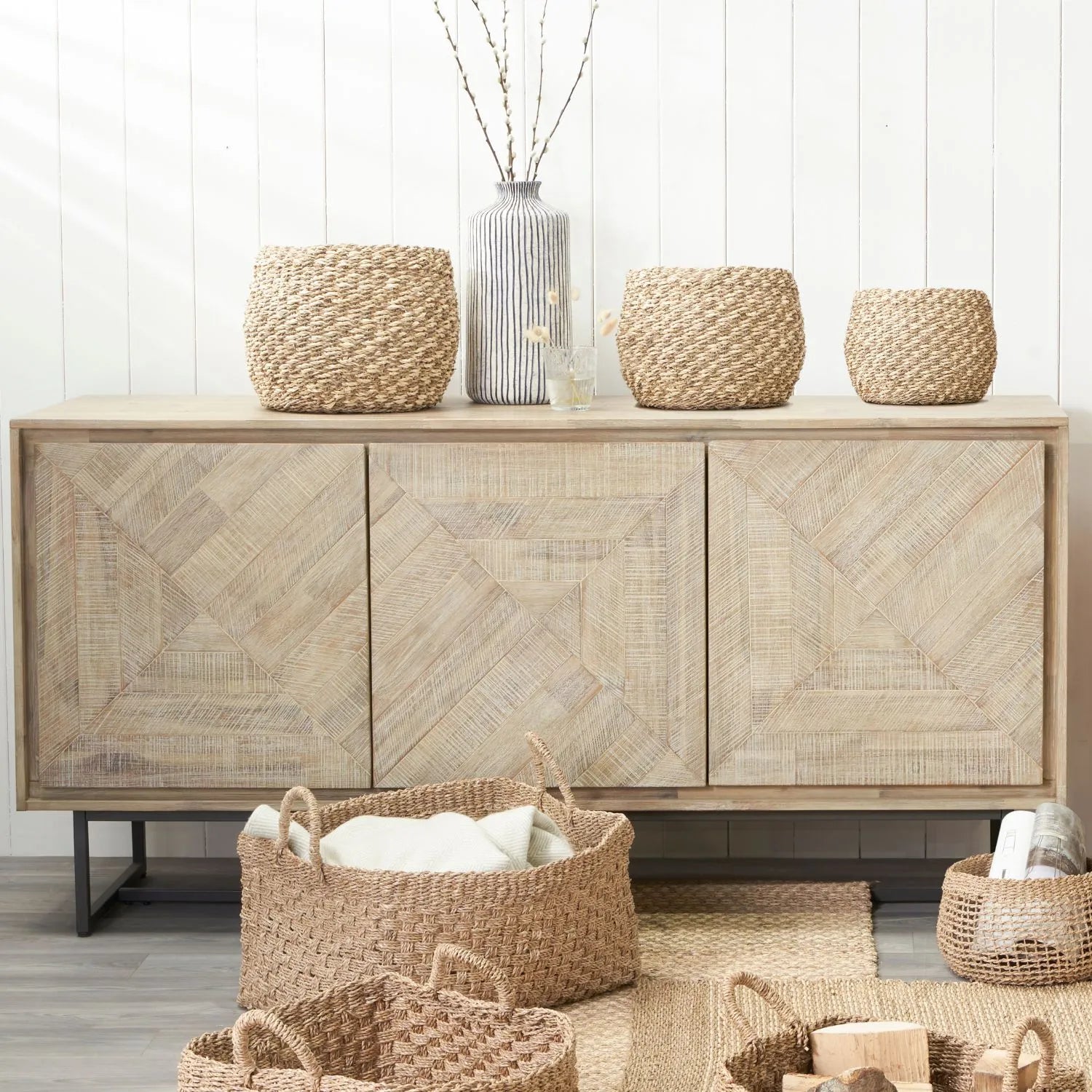 Modern Scandi Sand-Wash Acacia Wood Sideboard With Black Metal Legs – Textured 3-Door Storage Cabinet With Internal Shelves 80x160x45cm | Click Style