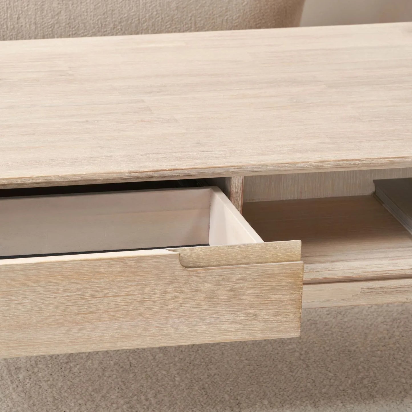 Whitewashed acacia wood coffee table with drawer and open shelf storage – modern Scandi wooden living room coffee table 41x120x60cm | Click Style