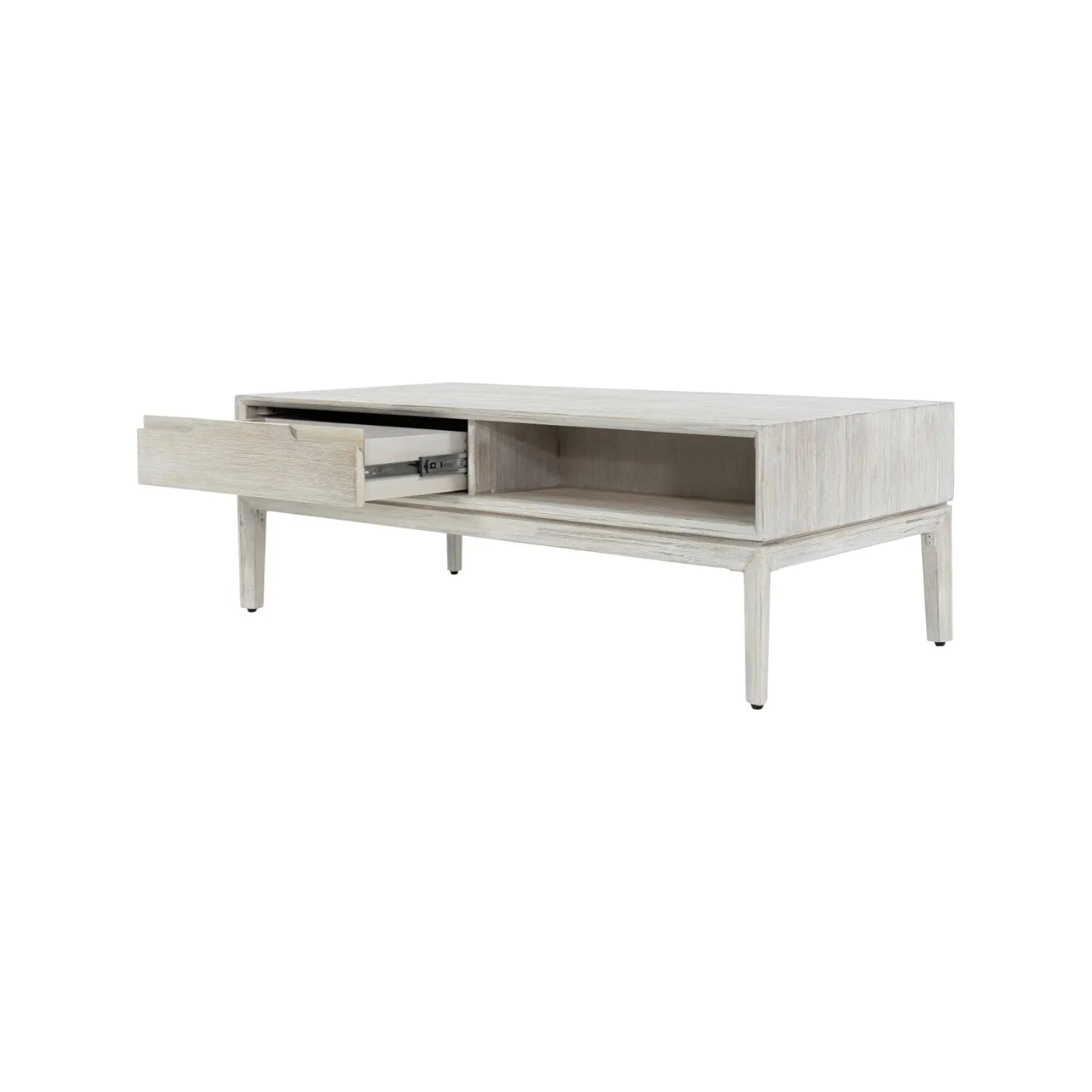 Whitewashed acacia wood coffee table with drawer and open shelf storage – modern Scandi wooden living room coffee table 41x120x60cm | Click Style