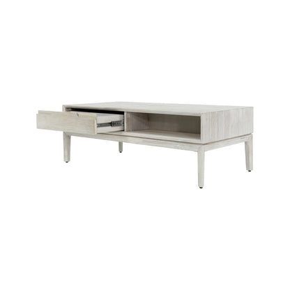 Whitewashed acacia wood coffee table with drawer and open shelf storage – modern Scandi wooden living room coffee table 41x120x60cm | Click Style