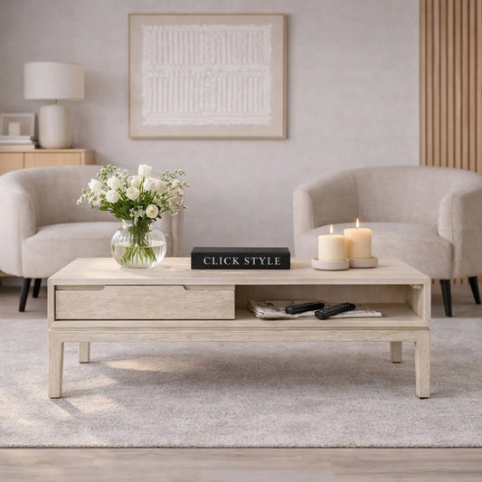 Whitewashed acacia wood coffee table with drawer and open shelf storage – modern Scandi wooden living room coffee table 41x120x60cm | Click Style
